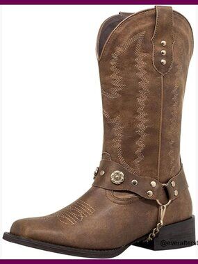 Square Toe Cowboy Boots Wide Calf Faux Leather Harness Western Boots